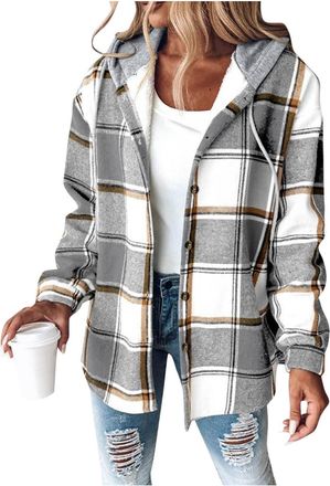 Generic Womens Plaid Fleece Lined Jacket - Wool Quilted Coats, Hooded Drawstring Lumberjacket, Button Down, Sweatshirt Hoodie, Checked, Ladies Elegant Shirt, 