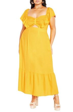 City Chic Alora Flutter Sleeve Cutout Maxi Dress in Citrus at Nordstrom, Size Xxl