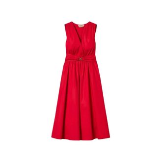 Twinset Midi Dresses, female, Red, Size: L Longuette Poplin Dress with Logo Belt
