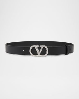 Valentino Garavani VLogo Signature Crystal-Embellished Leather Belt, 30mm