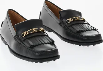 Tod's Leather Kiltie Moccasins with Gold Metal Detail and Square Toe Tods