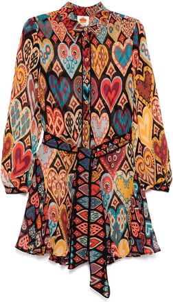 Farm Rio Farm Rio Womens Belted Mini Shirt Dress, Hearts Ikat Black