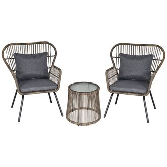 OUTSUNNY 3 PCS Webbed PE Rattan Outdoor Patio Set w/ Cushions Steel Frame Grey | TJ Hughes