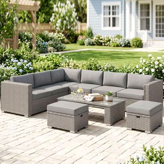 OUTSUNNY 6 PCs PE Rattan Corner Sofa Set Outdoor Conservatory Furniture w/ Cushion in Grey