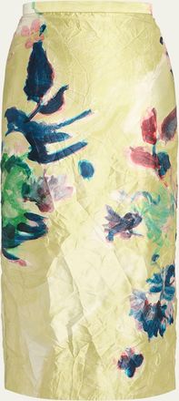 Erdem Crinkled Satin Midi Pencil Skirt