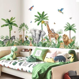 OEM Pegatinas De Pared Xxl Para Ni&ntilde;os: Animales De La Selva, &Aacute;rbol, Vinilo Decorativo De Safari, Jirafa, Elefante, Leopardo, Hojas Tropicales - Decoraci&oacute;n
