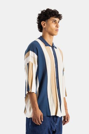 CASEY CASEY Mens Blue And Beige Striped Patchwork Shirt