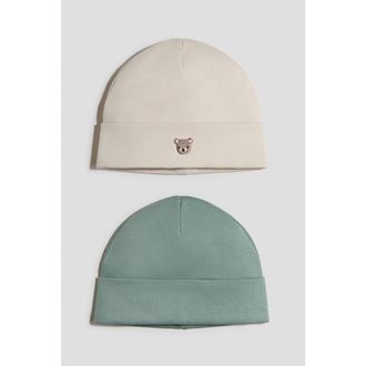 H&M 2-pack Cotton Beanies in Dusty Green/bear at Nordstrom, Size 9-12 M