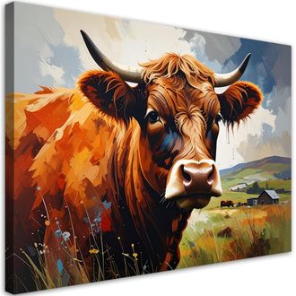 Feeby Cuadro Sobre Lienzo Retrato Pict&oacute;rico De Una Vaca Escocesa Con Fondo De Paisaje 100x70