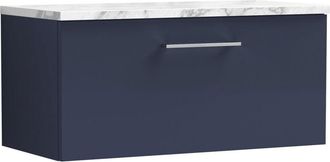 Nuie Arno Wall Hung 1-Drawer Vanity Unit with Carrera Marble Worktop 800mm Wide - Midnight Blue - Nuie
