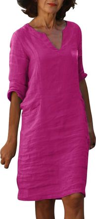 Generic 2025 Dresses Womens Fashionable and Comfortable V Neck Half Sleeved and Linen Short Mini Dress (XXL) Hot Pink