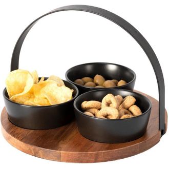 Trade Shop Trade Shop - Antipastiera Base In Legno Con Manico Metallo + 3 Ciotole Vassoio Finger Food