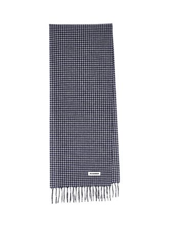 Jil Sander Blue Check Virgin Wool Fringed Scarf