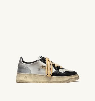 Autry SNEAKERS MEDALIST LOW SUPER VINTAGE IN PELLE BIANCA NERA E ARGENTO