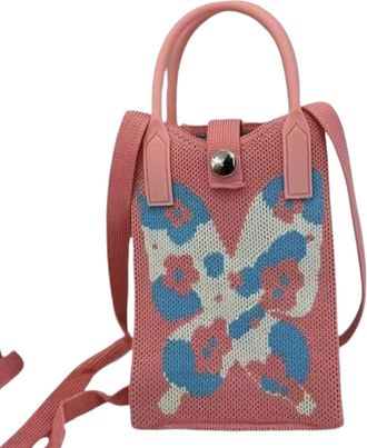 Generic Knitted Mobile Phone Crossbody Bag with Magnetic Buckle, Polyester Fiber Vertical Square Shoulder Bag, 12x18cm with 110cm Strap, Cartoon Design (pink)