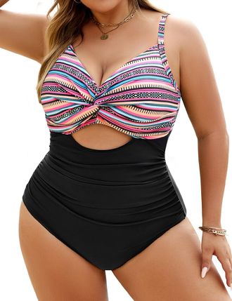 Heekpek Womens One-Piece Swimsuits Plus Size Swimming Costume Tummy Control V Neck Ruched Swimwear, Color Black, 4XL