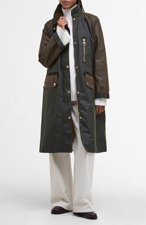 Barbour Evette Water Repellent Waxed Car Coat in Fern/beech/ancient Tartan at Nordstrom, Size 14 Us