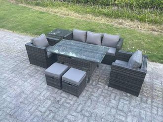 Fimous 7 Seater Rattan Garden Furniture Set Patio Rectangular Dining Table Lounge Sofa Chair 2 Stools in Dark Grey