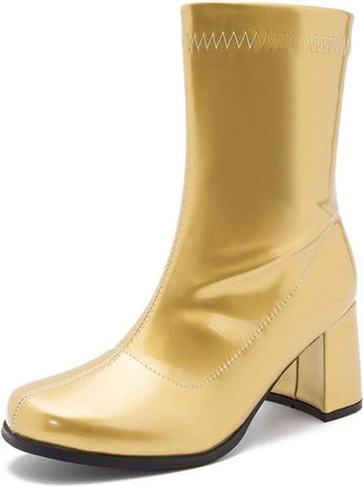 Generic Gizelle Womens Go Go Boots Mid Calf Block Heel Zipper Boot Ankle Boots Low Block Heel Short Boots Shoes (Gold Patent, uk_footwear_size_system, adult, 