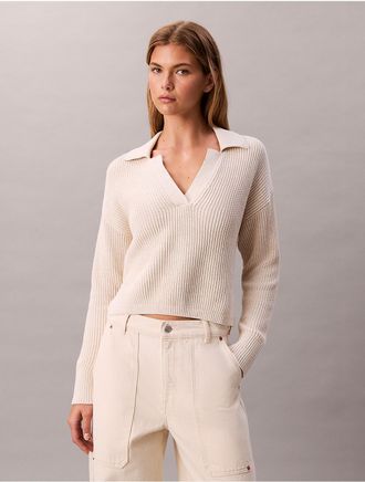 Calvin Klein Jeans Calvin Klein Womens Smooth Cotton Relaxed Polo Sweater - Open Beige - XL