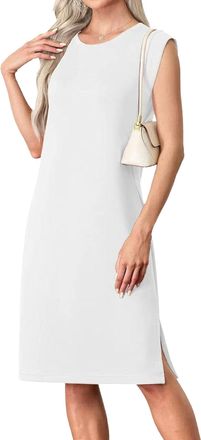 Generic 2025 Women Summer Round Neck Formal Classy Work Trendy Casual Loose Split Wrinkle-Free Midi Dress with Pockets White