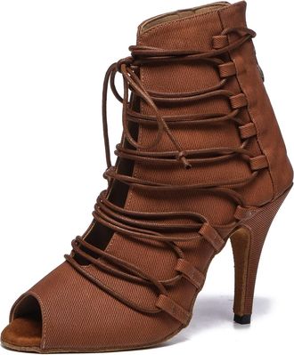 Miyoopark Womens Girls Dance Shoes Cut-out Ballroom Sandals Prom Evening Ankle Booties L529 Brown 4 Heel UK 8.5