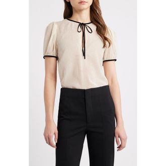 Frame Denim Polka Dot Tie Front Puff Sleeve Semisheer Silk Top in Ecru Multi at Nordstrom, Size X-Small