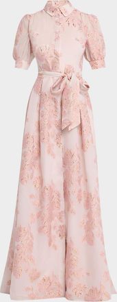 Teri Jon Jacquard Short-Sleeve Collared Gown