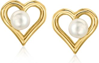 Ross-Simons 4-4.5mm Cultured Pearl Heart Earrings in 10kt Yellow Gold