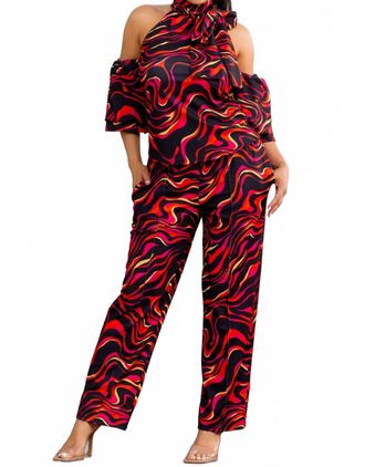 Karen Kane Cold Shoulder Top And Wide Leg Pants Set In Red Multi