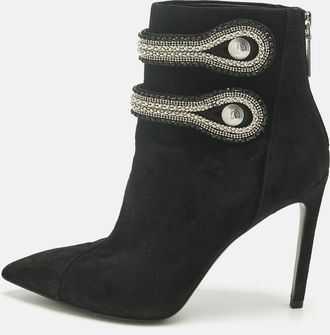 Balmain Black Suede Crystal Embellished Ankle Length Boots