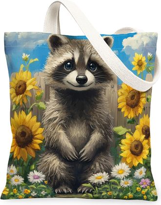 Generic Spring Raccoon Canvas Tote Bag for Shopping 13x15, Sunflower Fence Animal Reusable Grocery Print Bag for Women, Fun Farmhouse Scenic Beach Aesthetic P