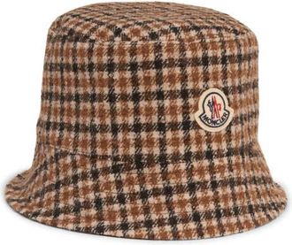 Moncler Reversible Check Logo Patch Bucket Hat in Brown/Beige Check at Nordstrom, Size Medium