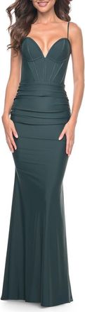 La Femme Jersey Dress with Bustier Top and Illusion Back in Dark Emerald at Nordstrom, Size 00