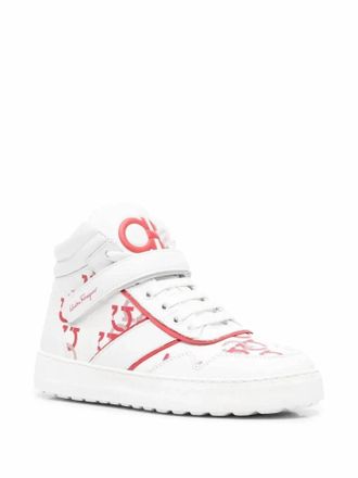 Ferragamo Womens Noe High Top Leather Sneakers In White/red