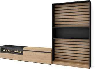 Skraut Home Skraut Home - Muebles De Sal&oacute;n Para Tv, Conjunto De Muebles Comedor, 310x186x35cm, Para Tv Hasta 80, Chimenea El&eacute;ctrica, Estilo Moderno, Roble Y Negro