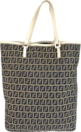 Fendi Gray White Canvas Leather Handbag Tote Bag (Pre-Owned)
