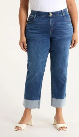Wit & Wisdom Round-Up High Waist Cuffed Boyfriend Jeans in Blue at Nordstrom, Size 14W