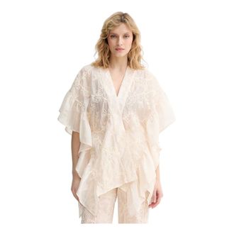 Twinset Overhemden, Dames, Beige, ONE Size, Katoen, Cornely Geborduurde Poncho