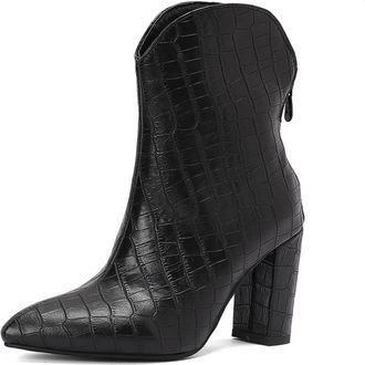 Generic Womens Chunky High Heel Short Boots Pointed Toe Western Cowboy Boots with Side Zipper PU Leather Chelsea Booties,Black,4.5 UK