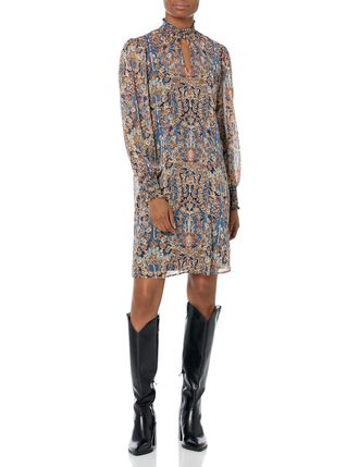 Tommy Hilfiger Womens A-line Chiffon Long Sleeve Mock Neck Dress, Sky Captain/Sand, 14