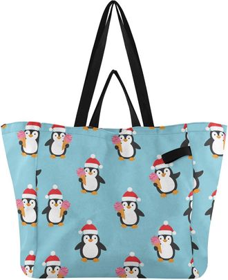 Generic Winter Holiday Penguins Blue print Reusable Canvas Tote Bag, Heavy Duty Grocery Shopping Bag with Large Capacity Double Handles Hard Bottom Work Groce