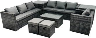 Fimous Fimous Rattan Garden Furniture Dining Set 9-seater Patio Coffee Table Sofa Set with 2 Small Stools 2 Side Tables Dark Grey Mixed