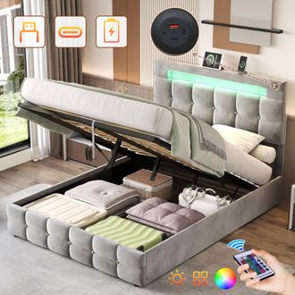 Matteo 4ft6 Double Grey Velvet Ottoman Bed Frame with LED & Charging