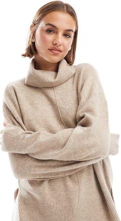 Pieces roll neck sweater with seam detail front in beige-Neutral