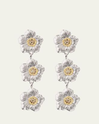 Buccellati Blossoms Gardenia Sterling Silver and 18K Yellow Gold Diamond Triple Drop Earrings