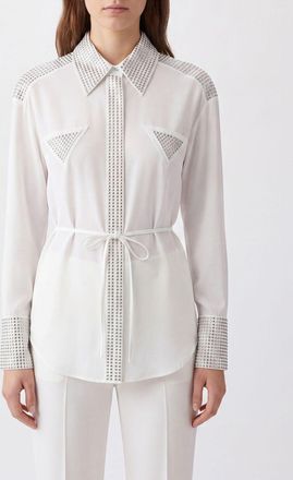 Pinko Camicia slim fit in cotone e lyocell con strass e cintura in vita