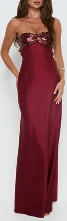 Princess Polly See the Vision Sequin & Satin Strapless Gown in Burgundy at Nordstrom, Size 12