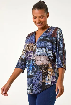 Roman Abstract Print Front Zip Stretch Top