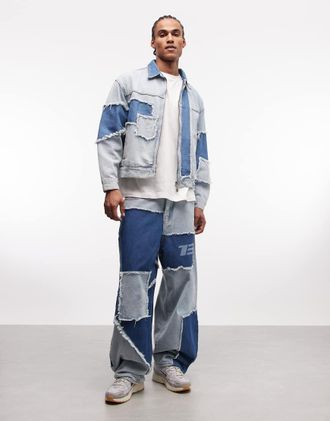 Liquor & Poker Jeans ampi blu invecchiati cut n sew in coordinato